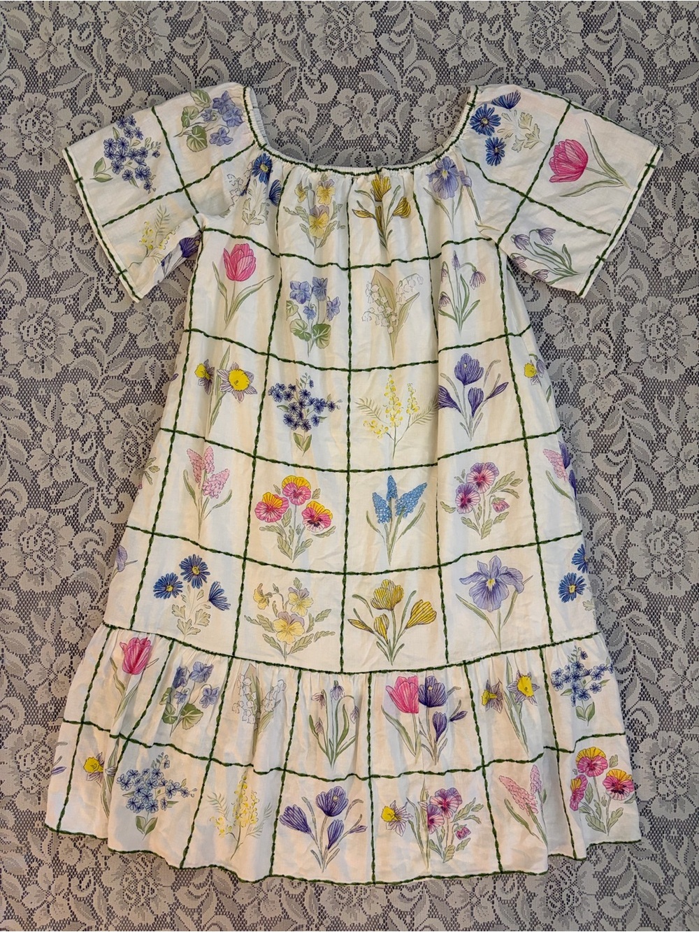 Crown & Ivy Linen Blend Floral Embroidered Ruffled Grid Dress, Size 1X - Picture 4 of 9